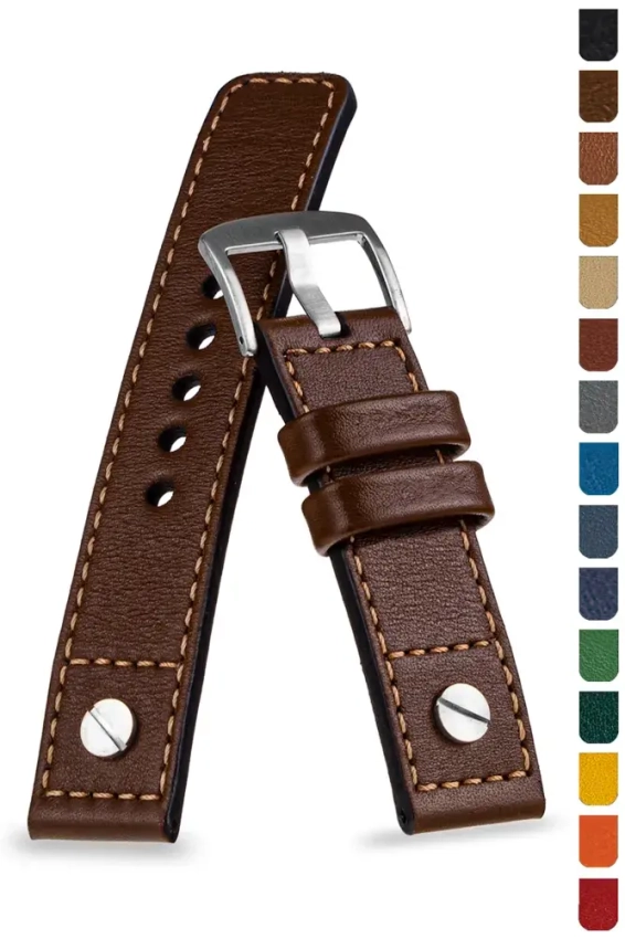 Uhrenarmband Pilot 18-26mm mit Stahlnieten, Vollnarbenleder U-58