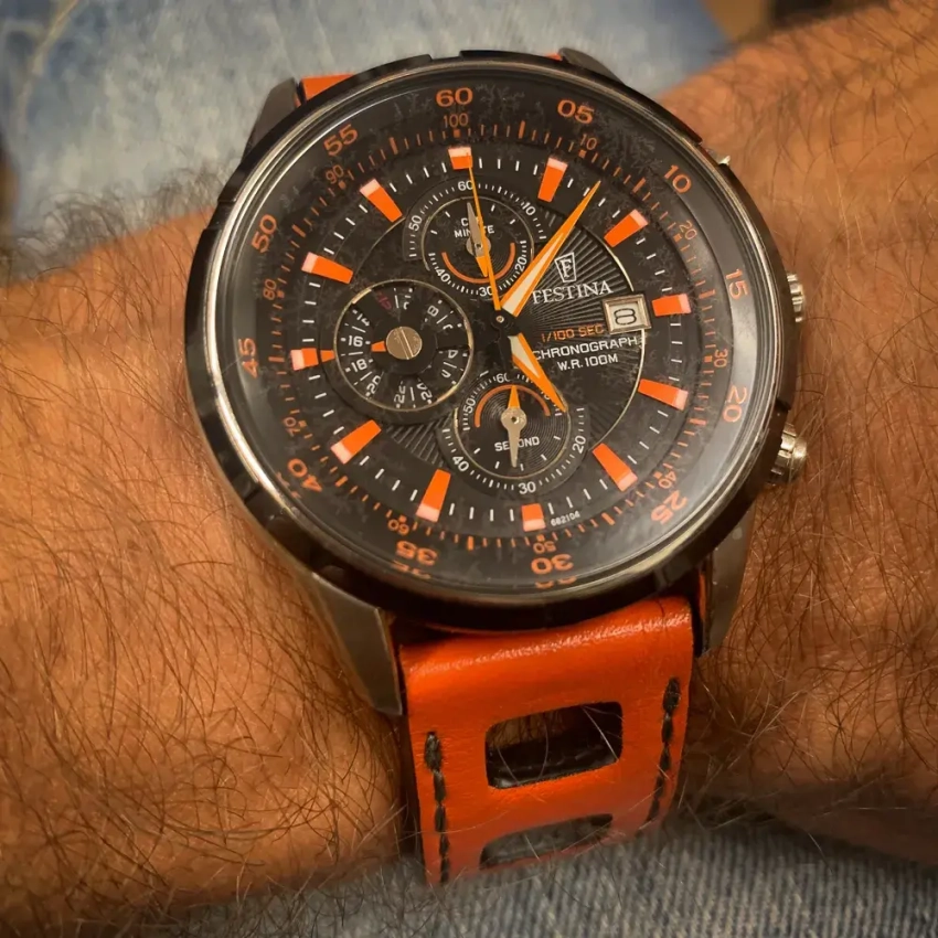 Pomarańczowy skórzany pasek do zegarka Festina Chronograf mod.57 - przykład (11)