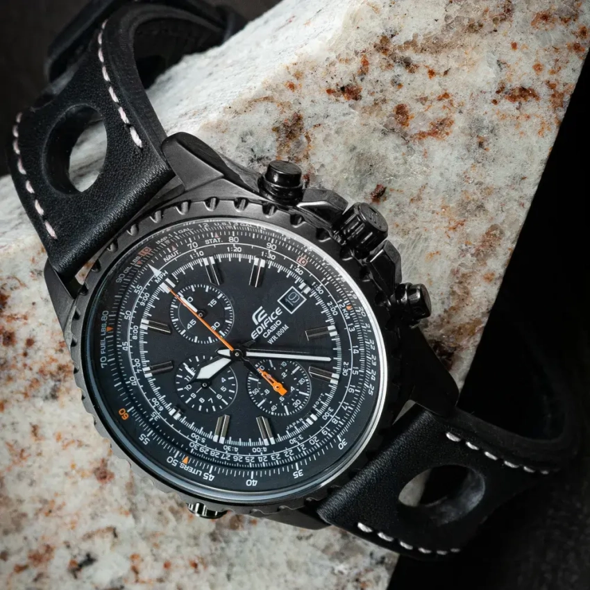 Czarny skórzany pasek Racing do zegarka CASIO EDIFICE CHRONOGRAPH 4369 EF-527 WR 100M - mod.65 przykład (05)