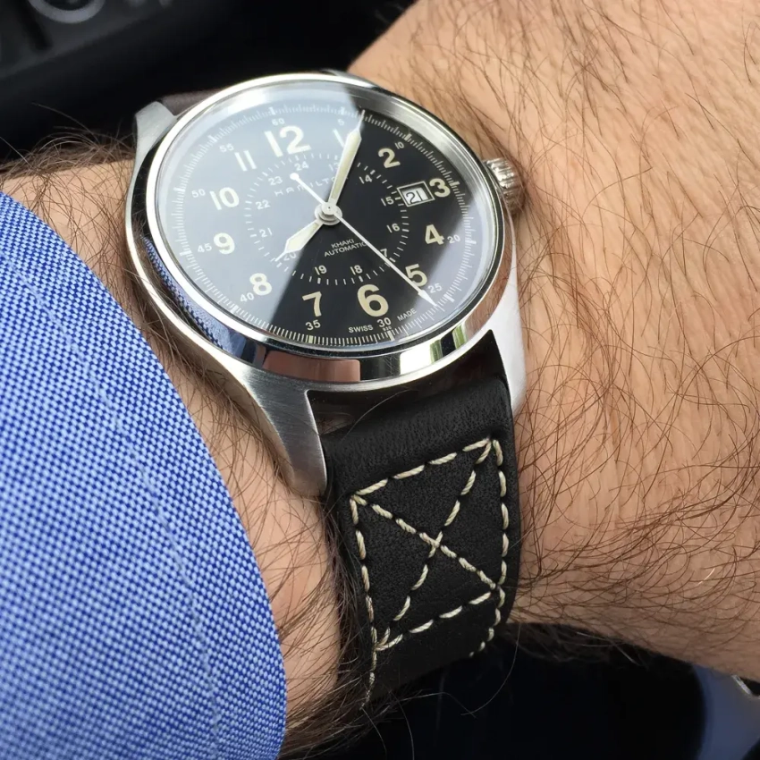 Czarny skórzany pasek do zegarka Hamilton Khaki Field Automatic H70625533 - mod.71 przykład (08)